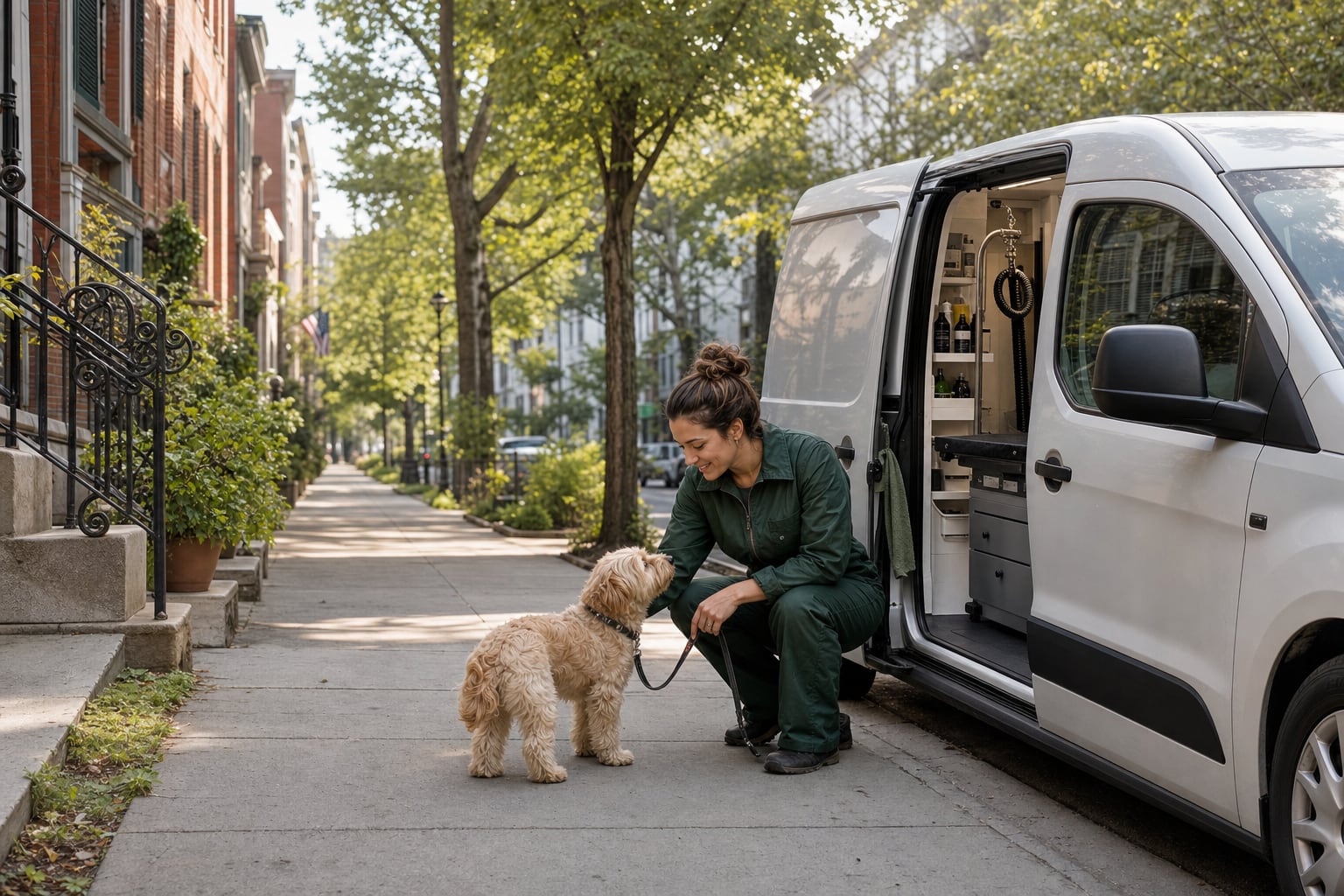 A mobile pet groomer greeting a dog beside her grooming van